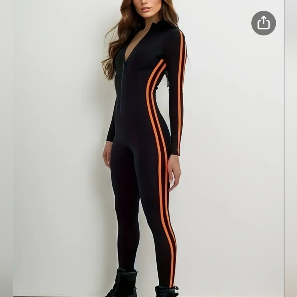 Black and orange zip up Jumpsuit Bodysuit Medium